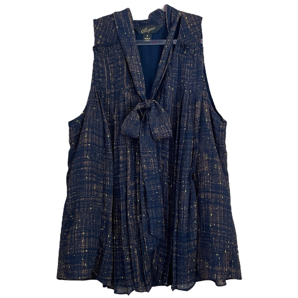 Mcginn Pleated Buttoned Tie Bow Front Sheer Lined Top Navy Blue Brown Size 4